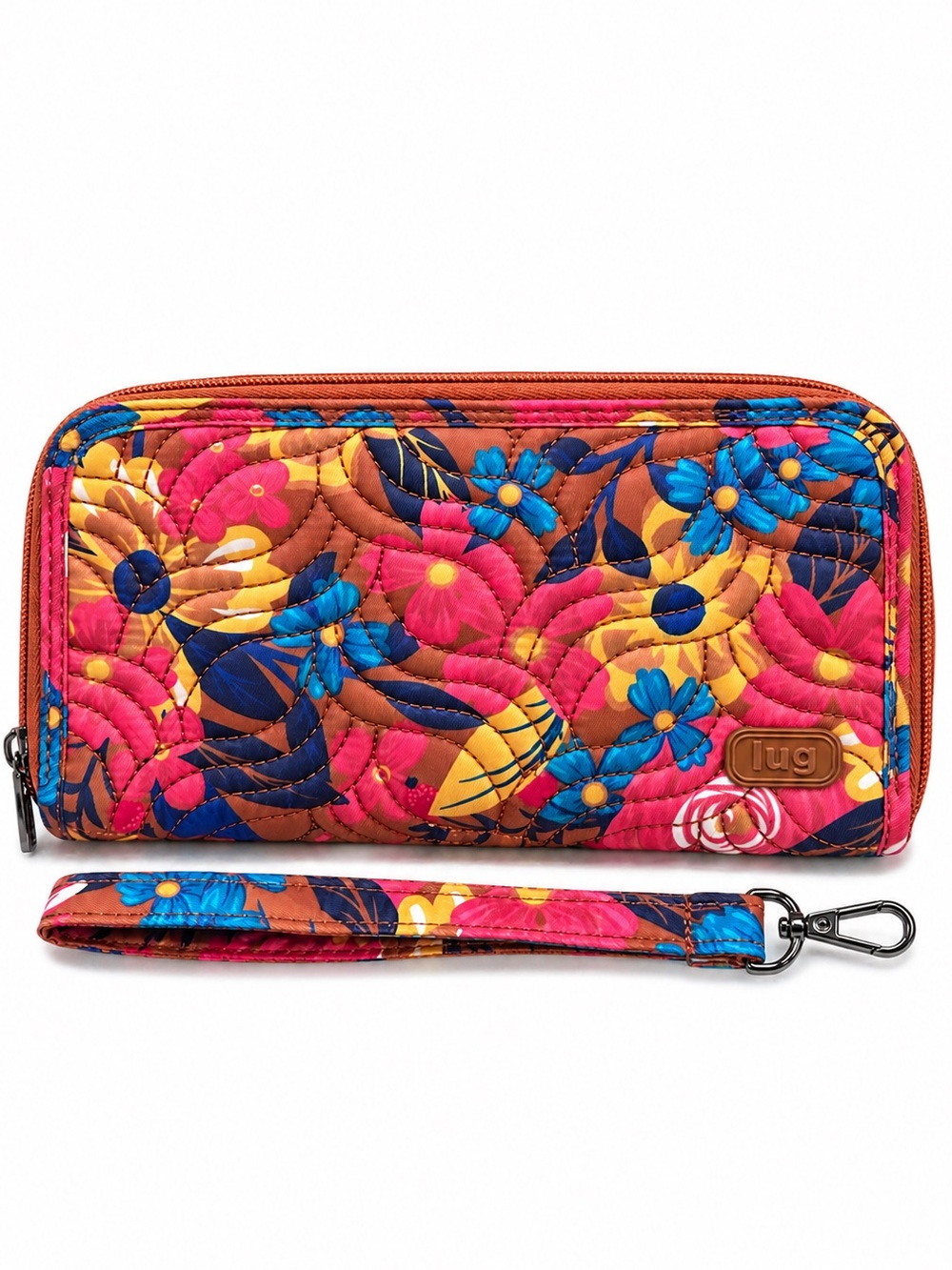 Lug Whimsy Copper Floral RFID Double Zip Wristlet Wallet NWOT